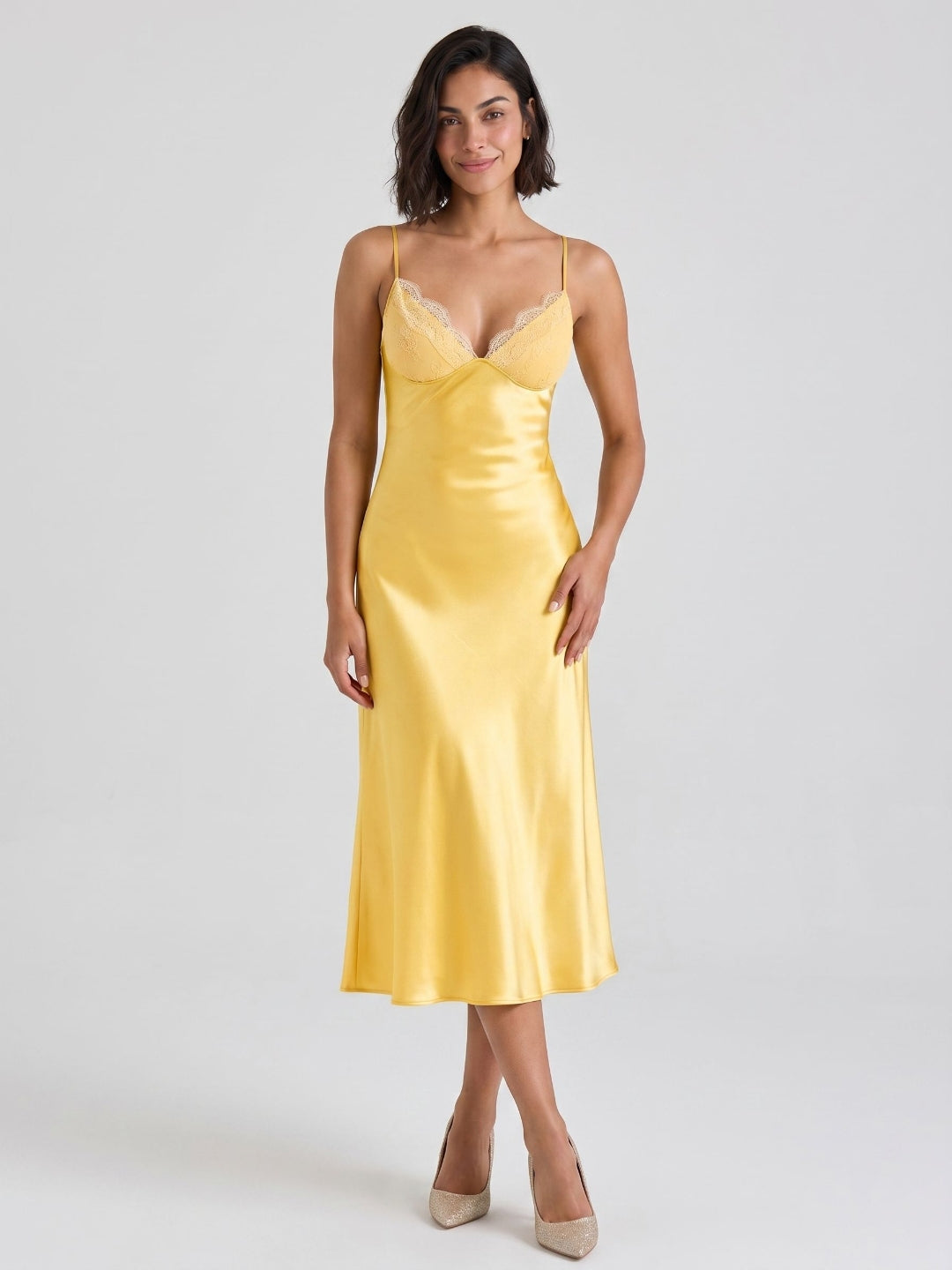 Daffodil Satin A-Line V-Neck Side Zip Tea-Length Dress