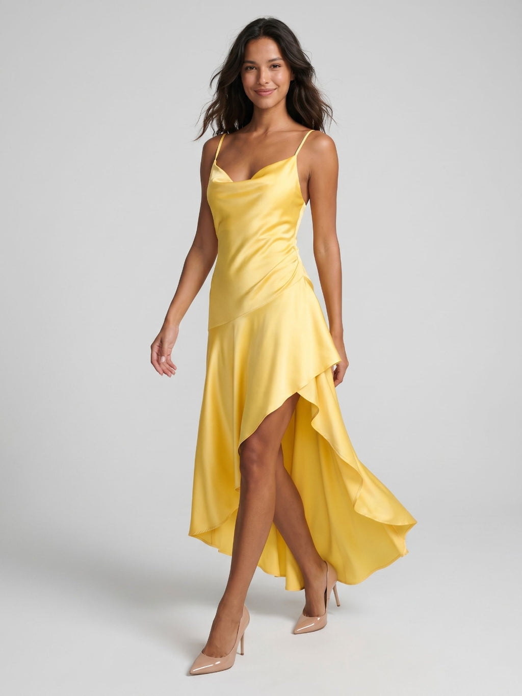 Daffodil Satin Sheath V-Neck Backless Asymmetrical Evening Dress