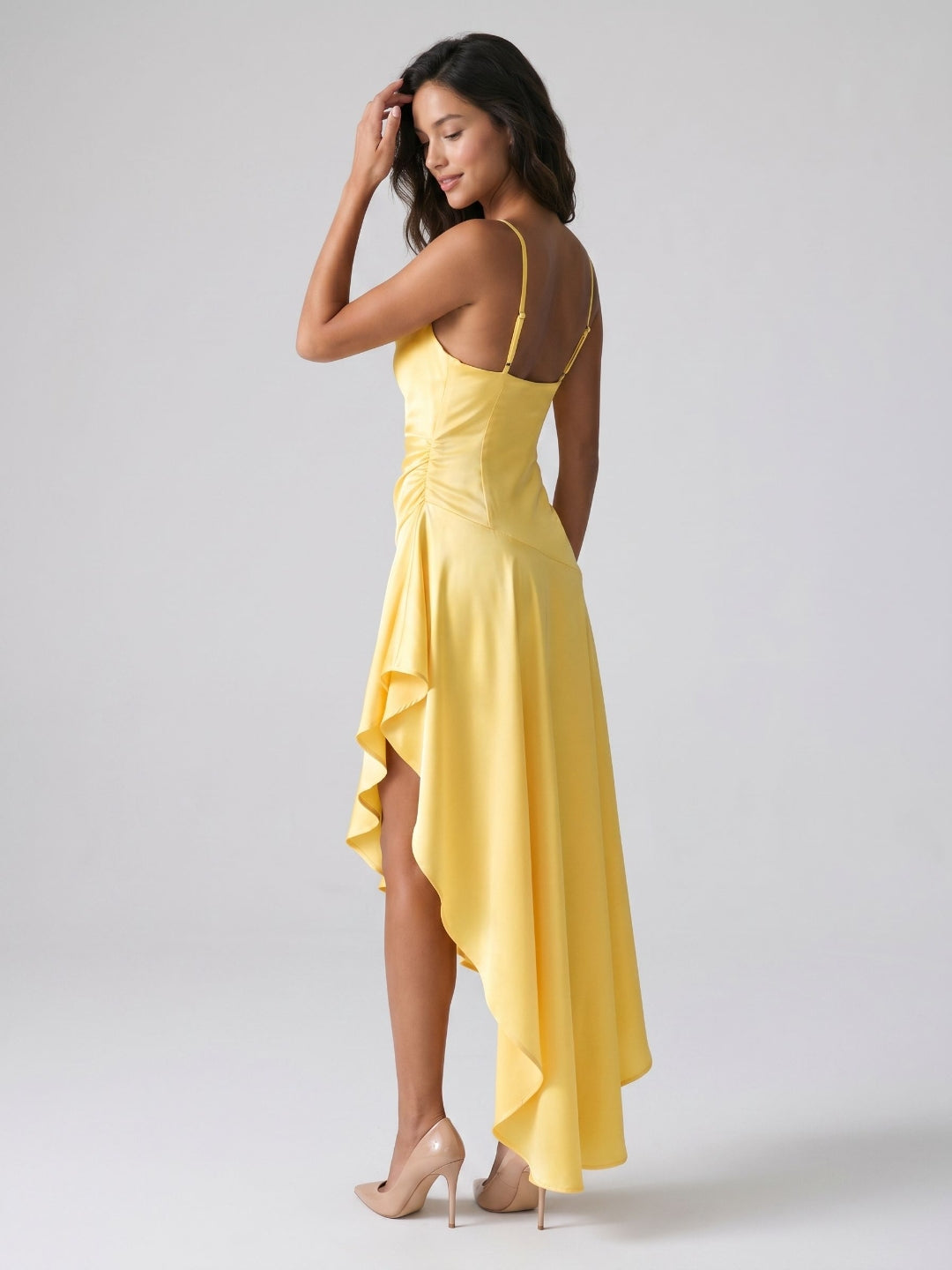 Daffodil Satin Sheath V-Neck Backless Asymmetrical Evening Dress