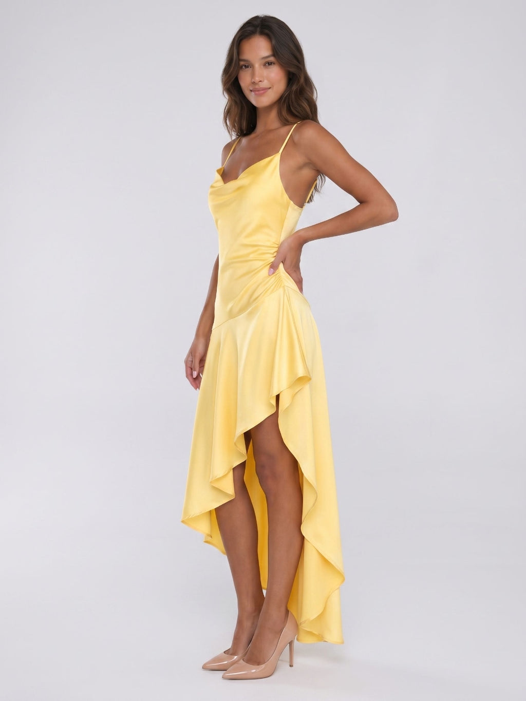 Daffodil Satin Sheath V-Neck Backless Asymmetrical Evening Dress