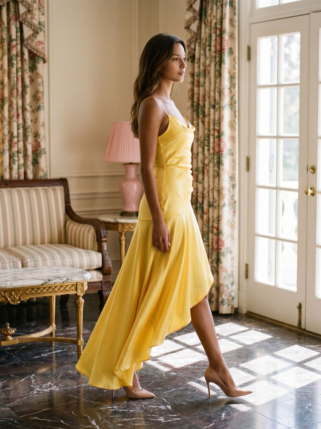 Daffodil Satin Sheath V-Neck Backless Asymmetrical Evening Dress