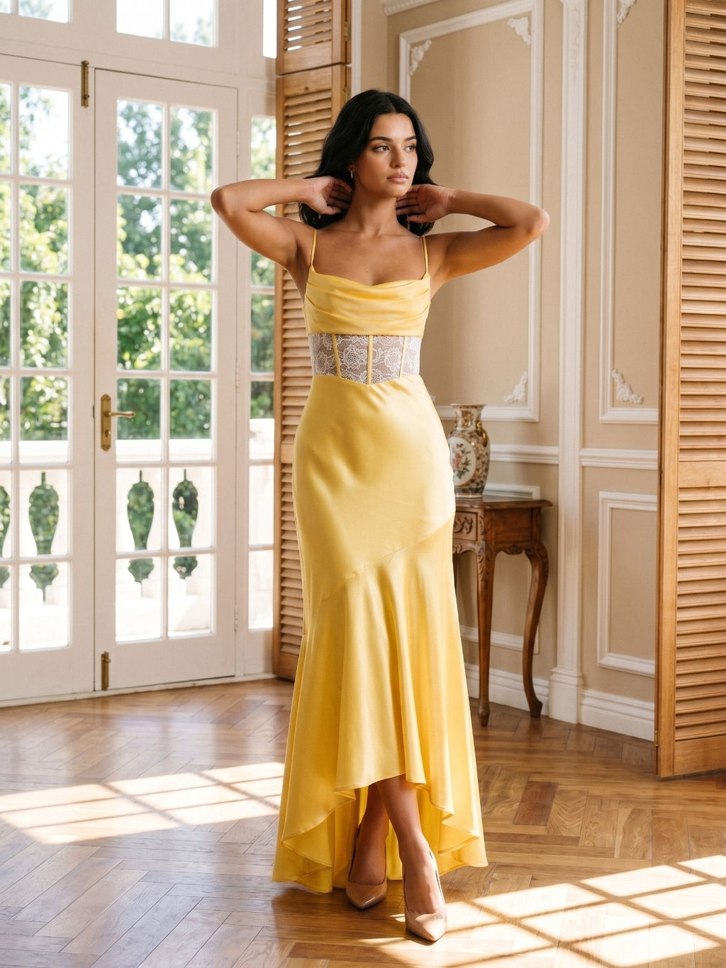 Daffodil Satin Trumpet Straight Criss-Cross Asymmetrical Evening Dress