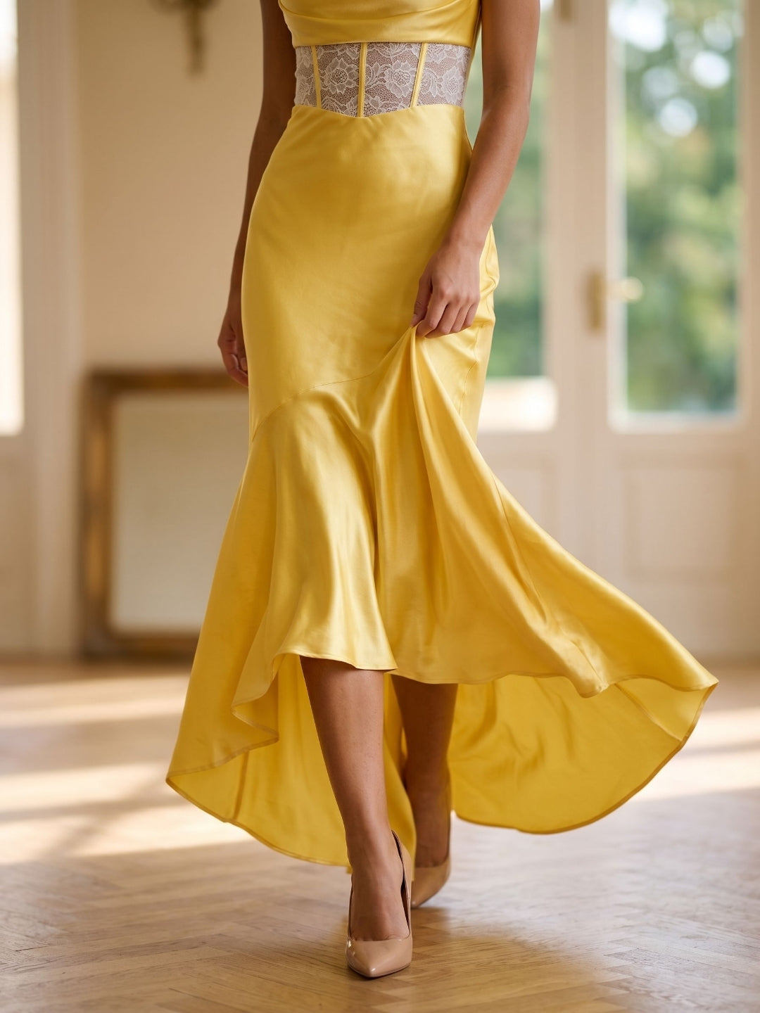 Daffodil Satin Trumpet Straight Criss-Cross Asymmetrical Evening Dress