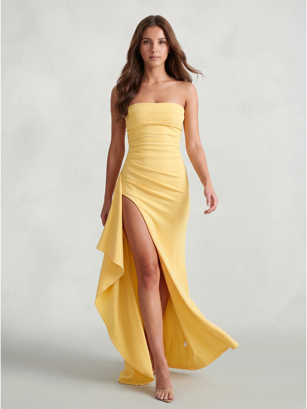 Daffodil Stretch Knit Sheath Straight Neck Back Zip Ankle-Length Bridesmaid Dress with Ruffle