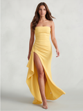 Daffodil Stretch Knit Sheath Straight Neck Back Zip Ankle-Length Bridesmaid Dress with Ruffle