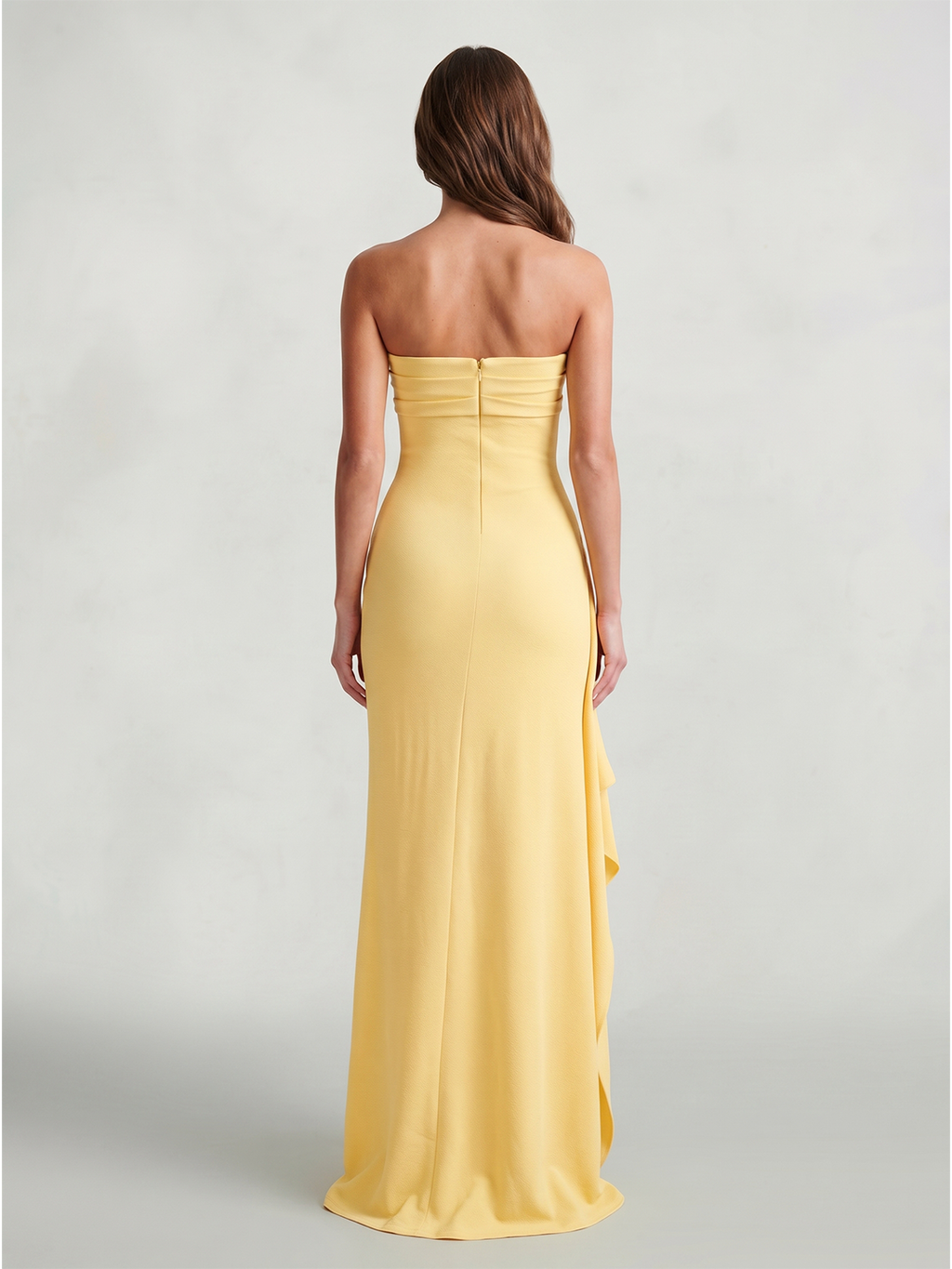 Daffodil Stretch Knit Sheath Straight Neck Back Zip Ankle-Length Bridesmaid Dress with Ruffle