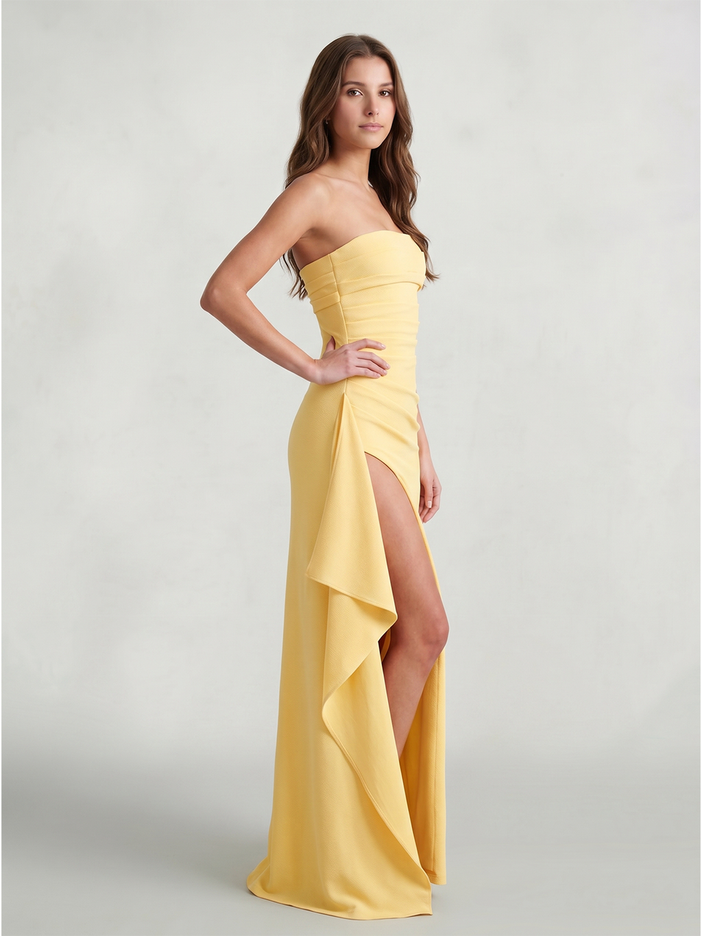 Daffodil Stretch Knit Sheath Straight Neck Back Zip Ankle-Length Bridesmaid Dress with Ruffle