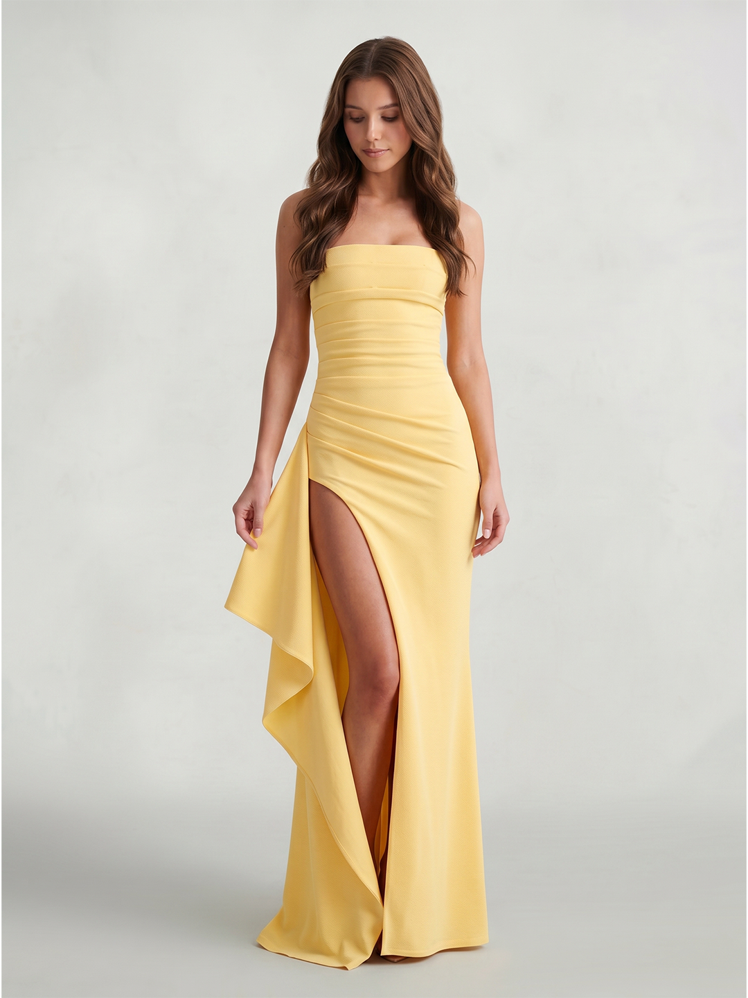 Daffodil Stretch Knit Sheath Straight Neck Back Zip Ankle-Length Bridesmaid Dress with Ruffle