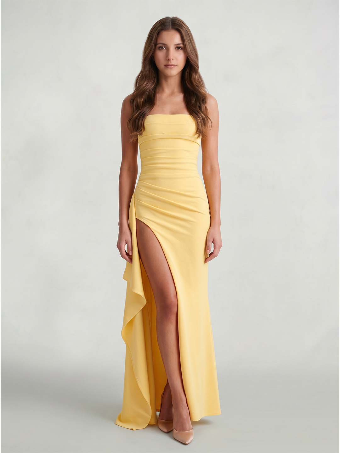 Daffodil Stretch Knit Sheath Straight Neck Back Zip Ankle-Length Bridesmaid Dress with Ruffle