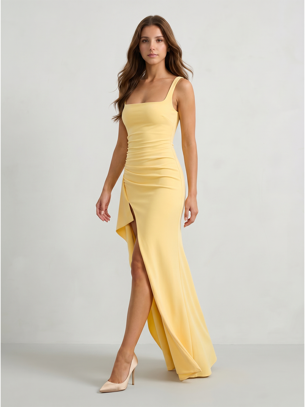 Daffodil Stretch Knit Trumpet Square Neck Back Zip Floor-Length Bridesmaid Dress with Ruffles