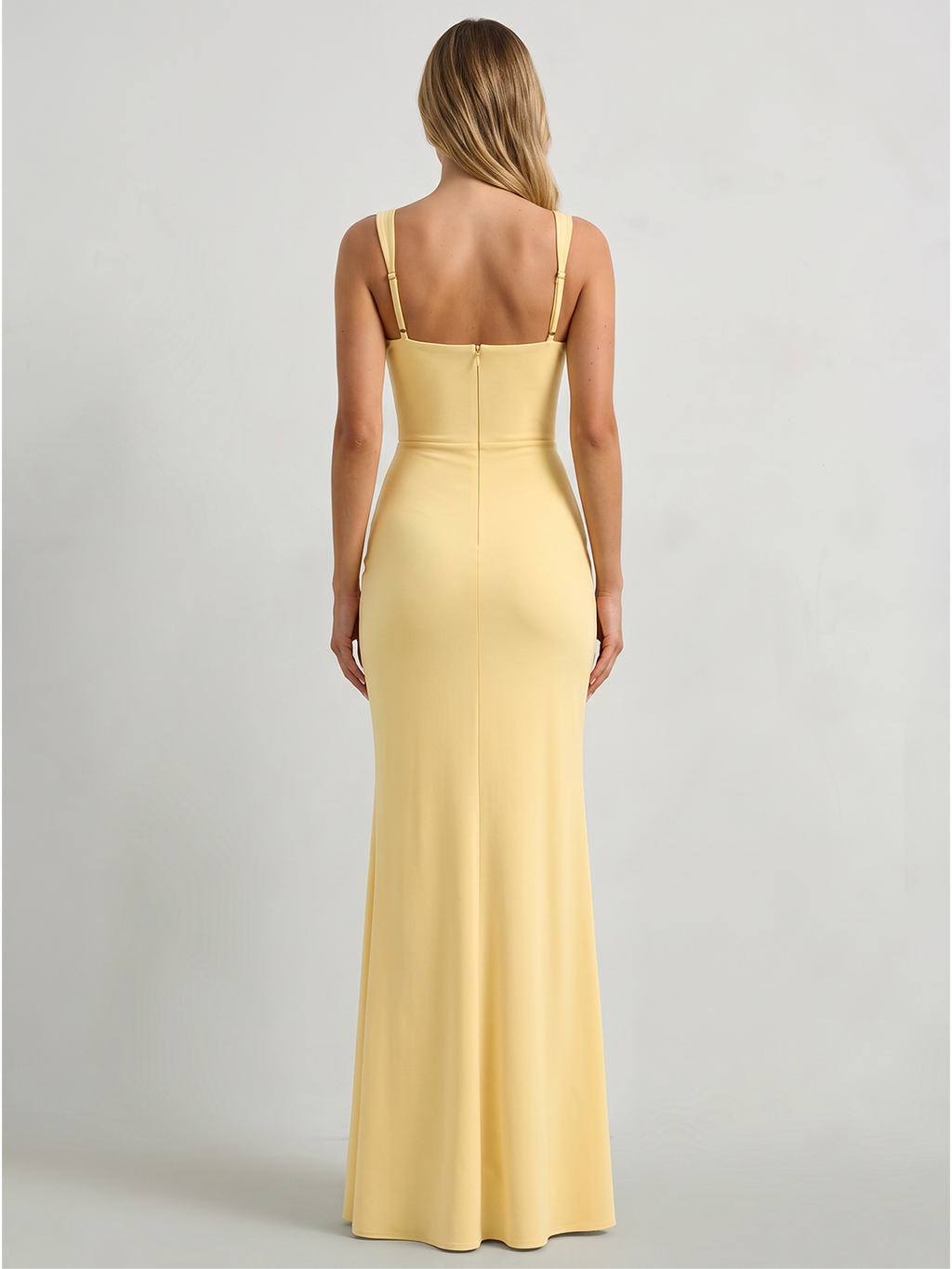 Daffodil Stretch Knit Trumpet Square Neck Back Zip Floor-Length Bridesmaid Dress with Ruffles