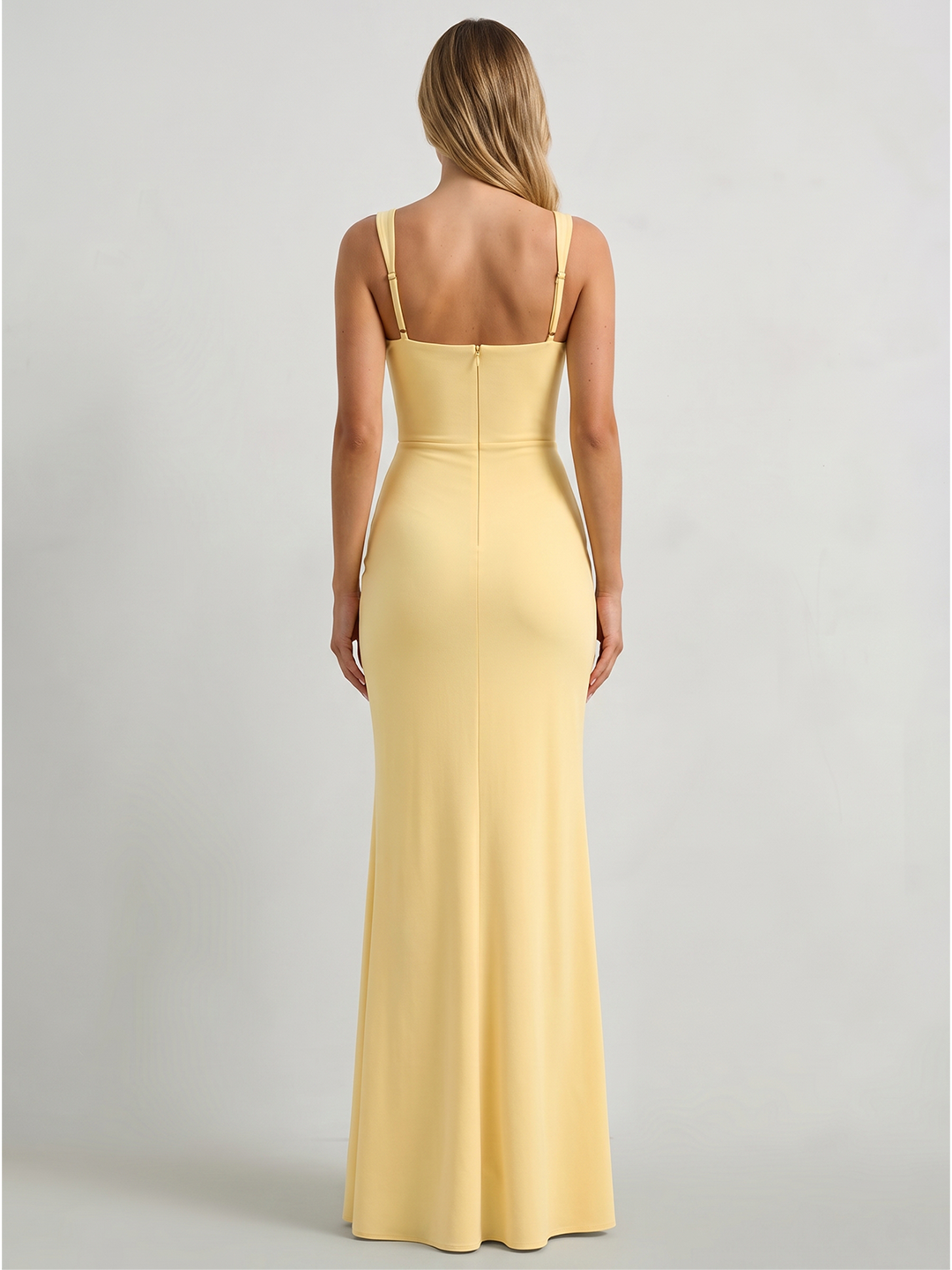 Daffodil Stretch Knit Trumpet Square Neck Back Zip Floor-Length Bridesmaid Dress with Ruffles