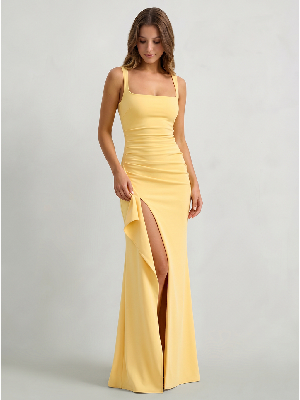 Daffodil Stretch Knit Trumpet Square Neck Back Zip Floor-Length Bridesmaid Dress with Ruffles