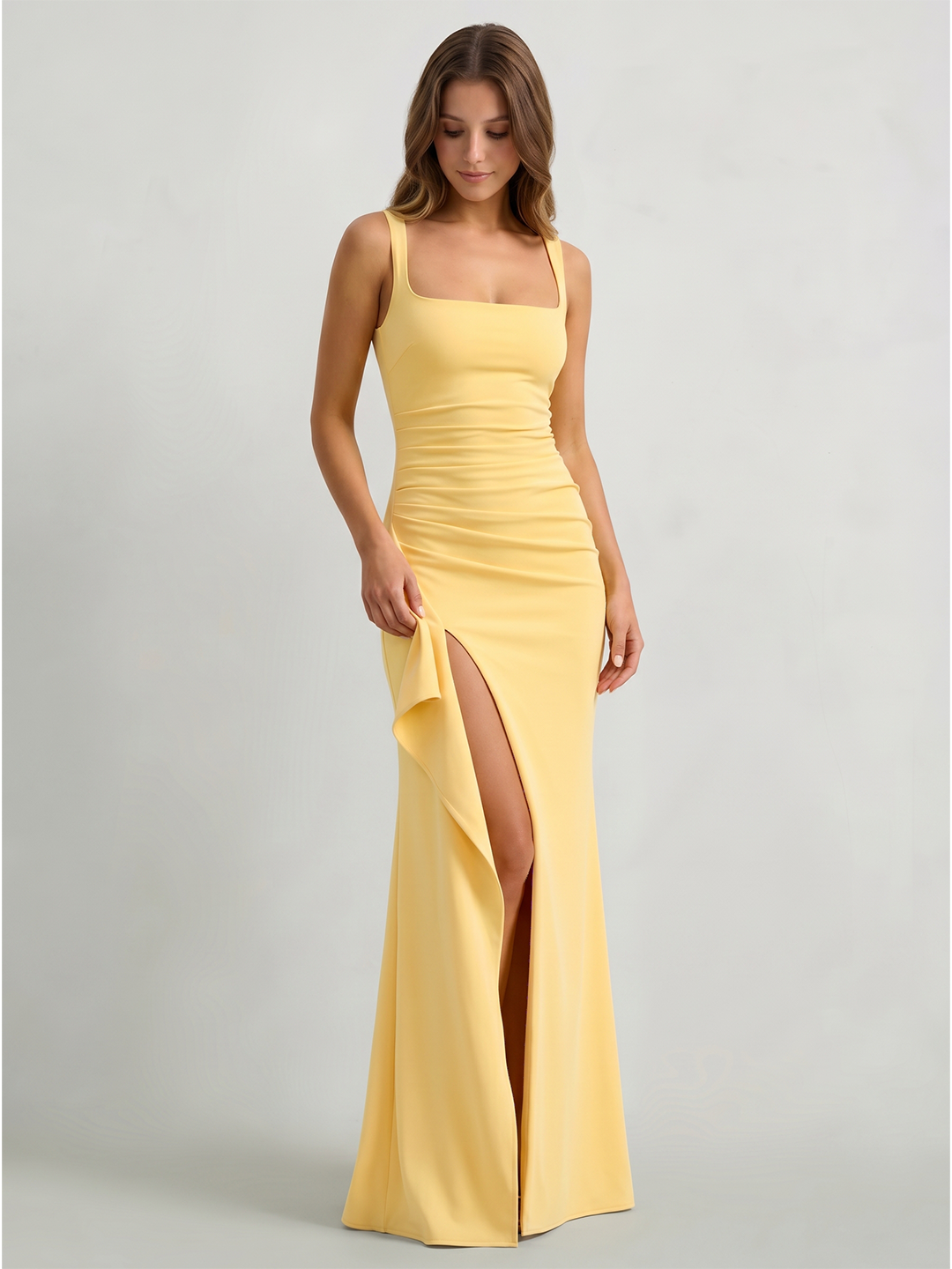 Daffodil Stretch Knit Trumpet Square Neck Back Zip Floor-Length Bridesmaid Dress with Ruffles