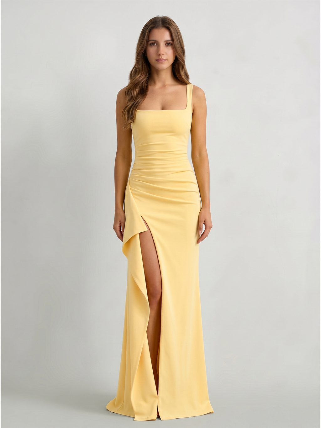 Daffodil Stretch Knit Trumpet Square Neck Back Zip Floor-Length Bridesmaid Dress with Ruffles