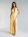 Daffodil Stretch Knit A-Line Halter Neckline Backless Ankle-Length Evening Dress with Pleating