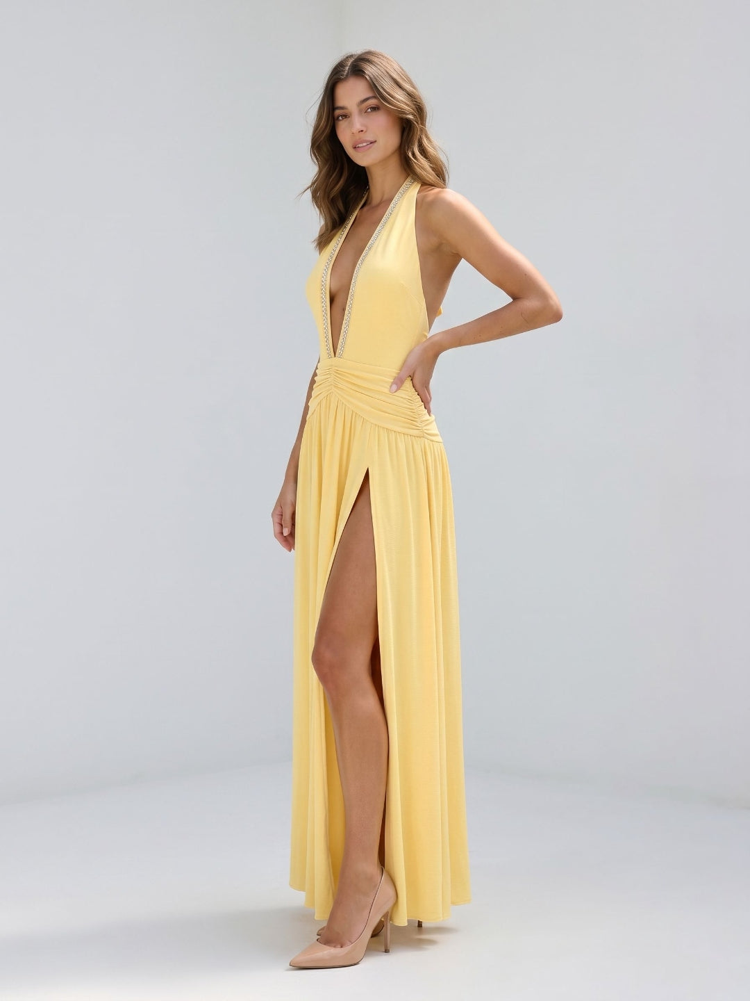 Daffodil Stretch Knit A-Line Halter Neckline Backless Ankle-Length Evening Dress with Pleating