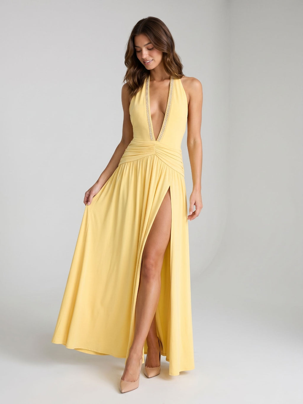 Daffodil Stretch Knit A-Line Halter Neckline Backless Ankle-Length Evening Dress with Pleating