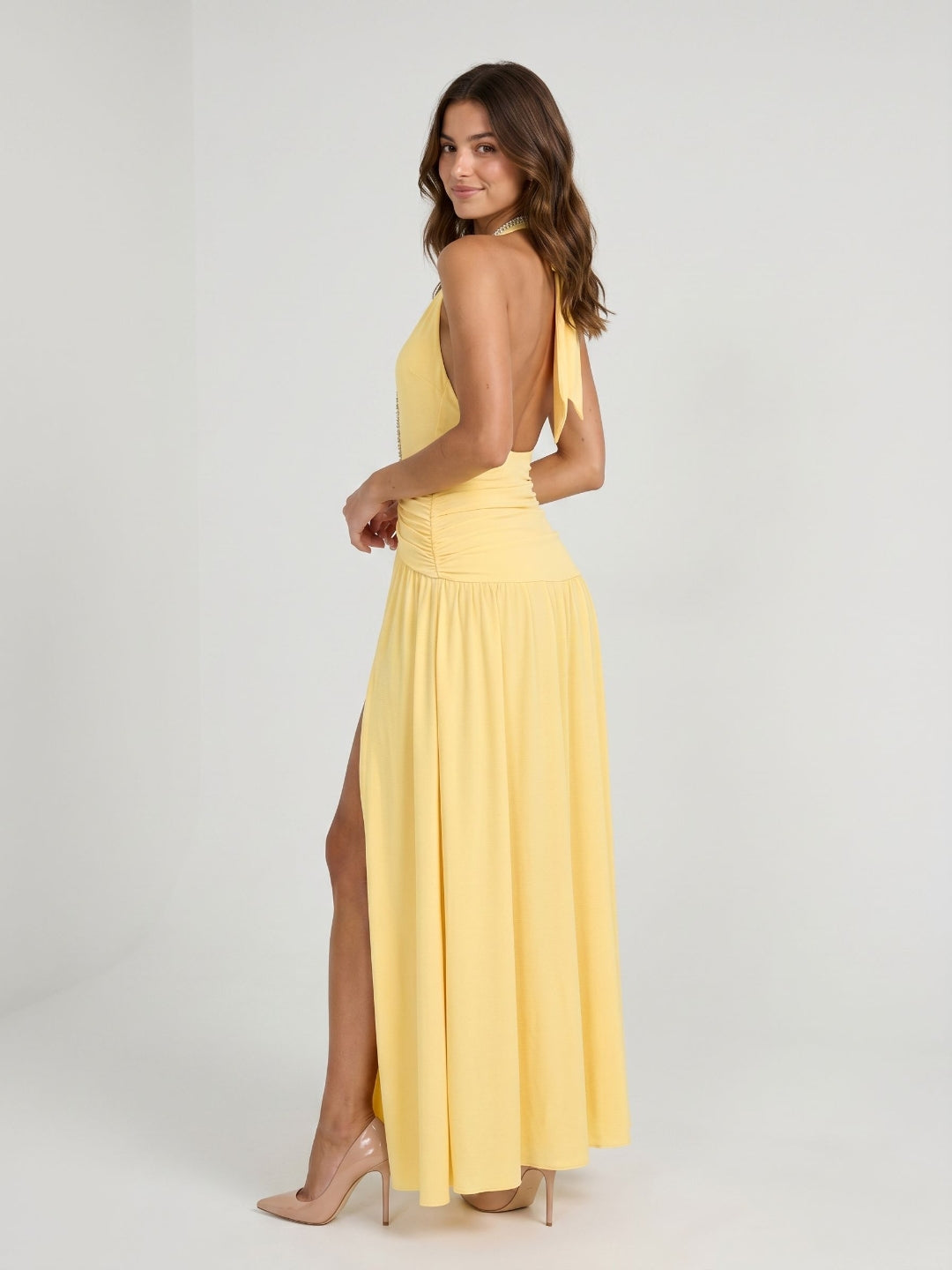 Daffodil Stretch Knit A-Line Halter Neckline Backless Ankle-Length Evening Dress with Pleating