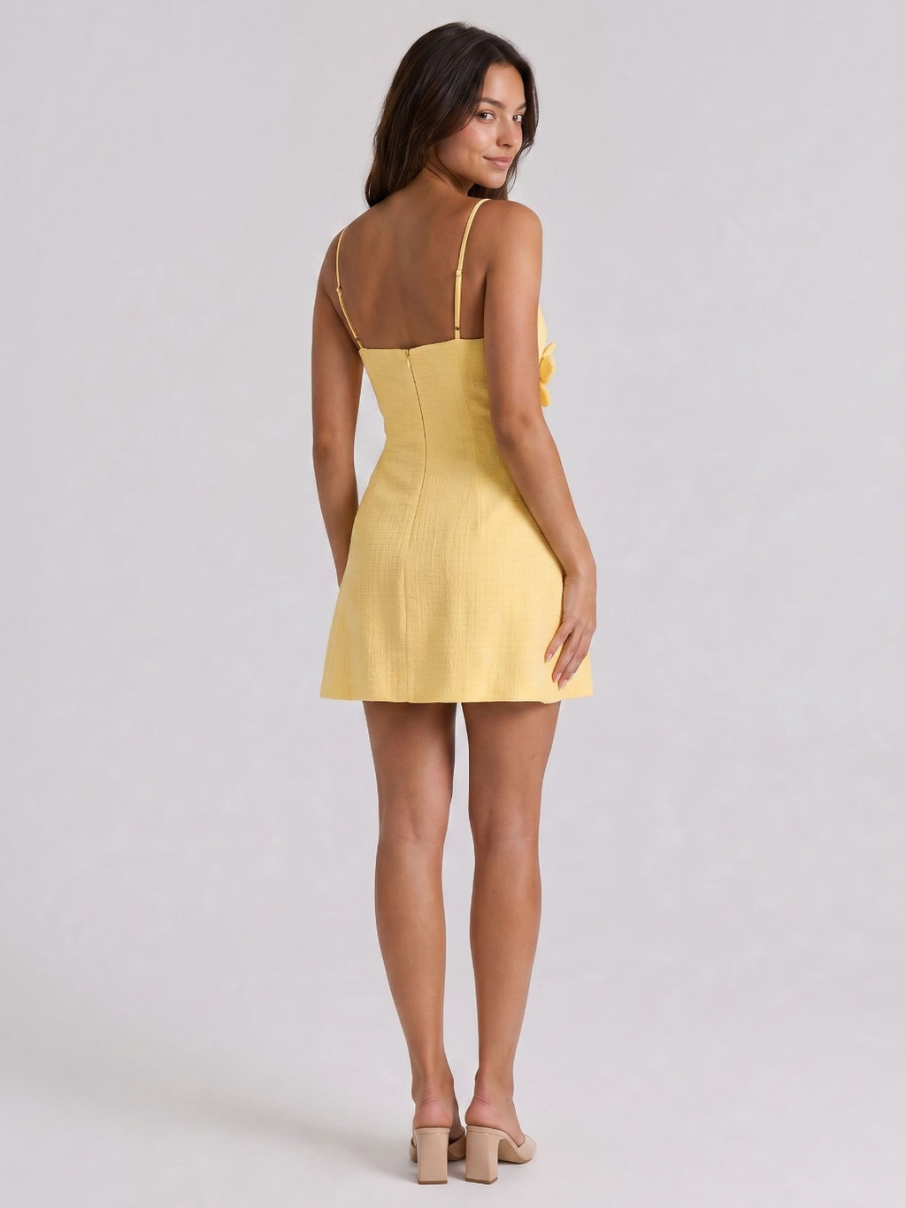 Daffodil Stretch Knit A-Line V-Neck Back Zip Short Dress