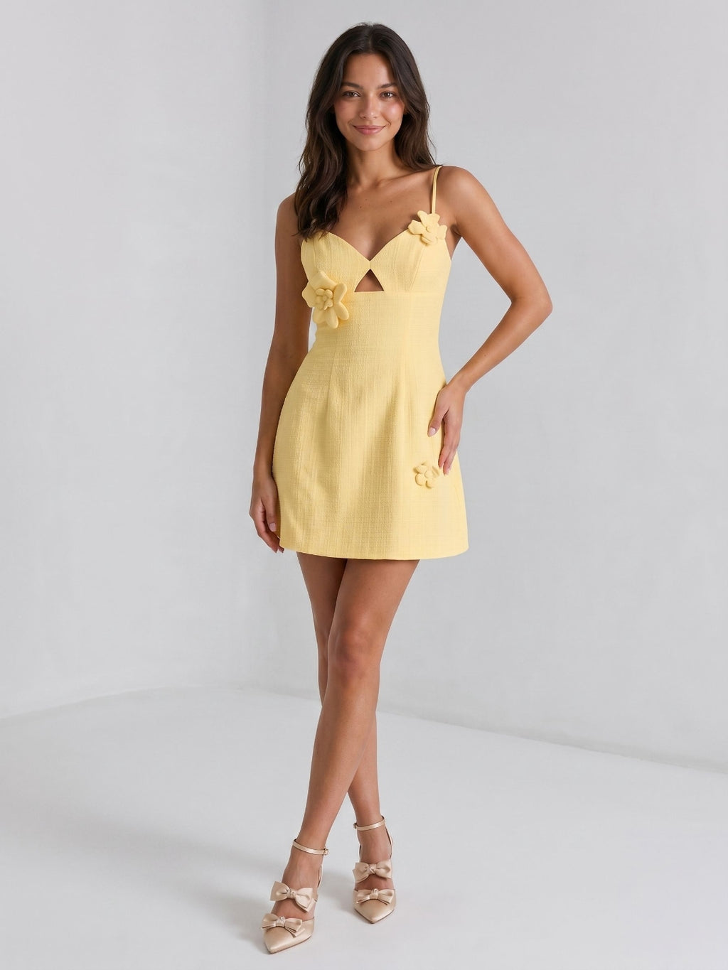 Daffodil Stretch Knit A-Line V-Neck Back Zip Short Dress