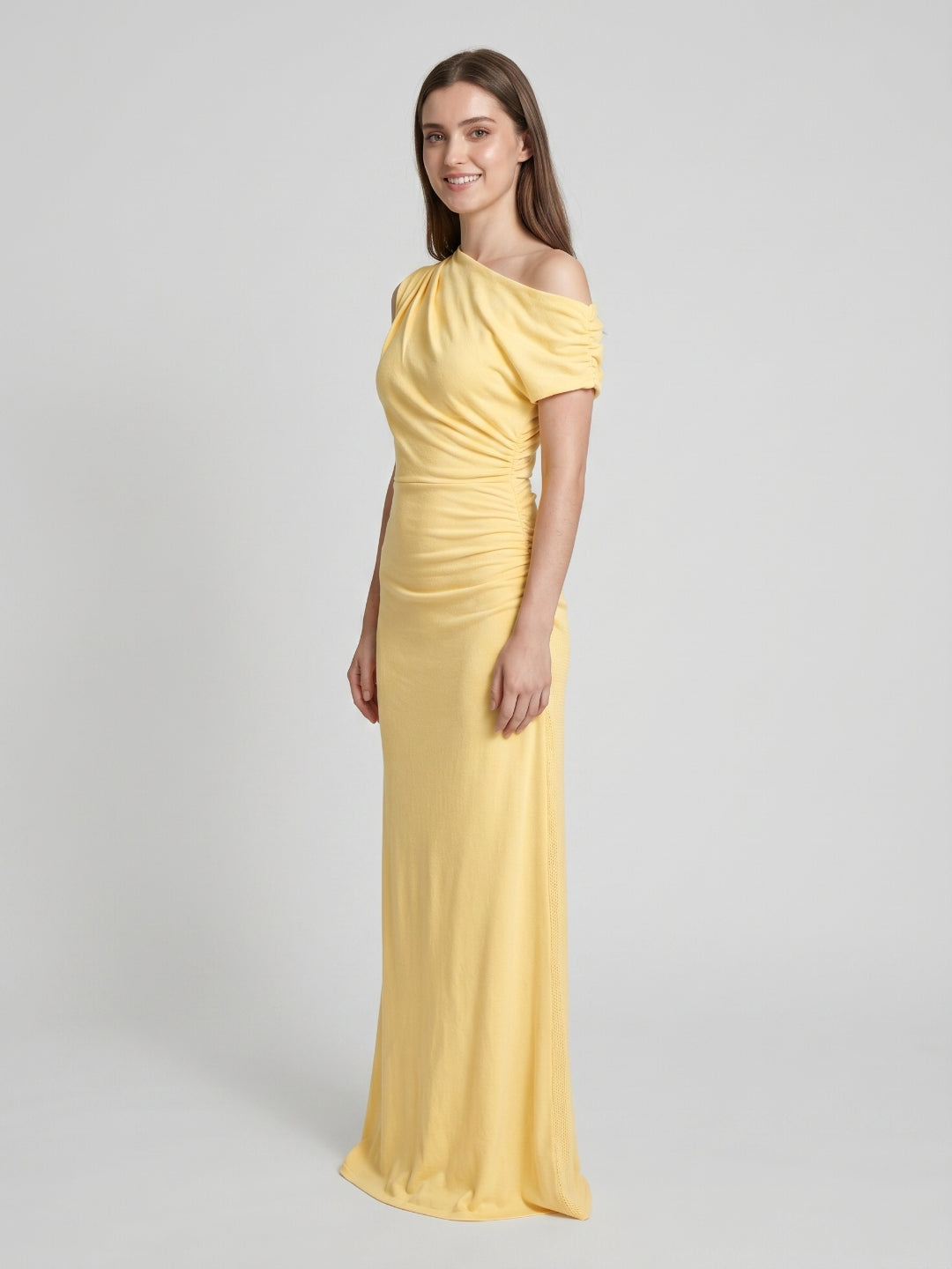 Daffodil Stretch Knit Column One Shoulder Floor-Length Bridesmaid Dress