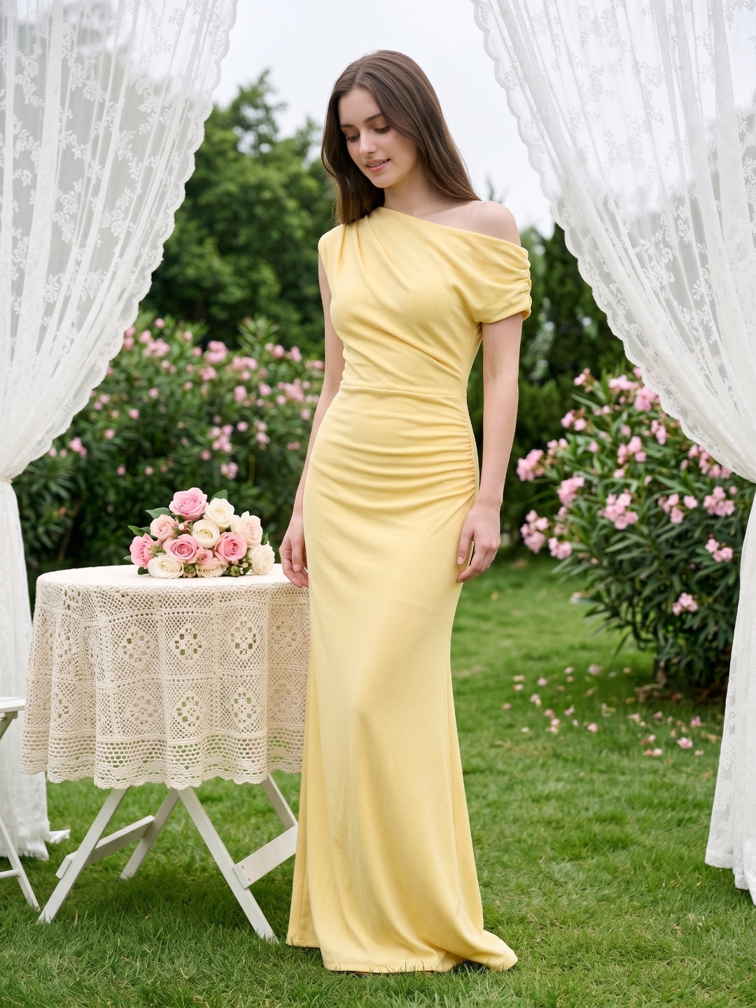 Daffodil Stretch Knit Column One Shoulder Floor-Length Bridesmaid Dress