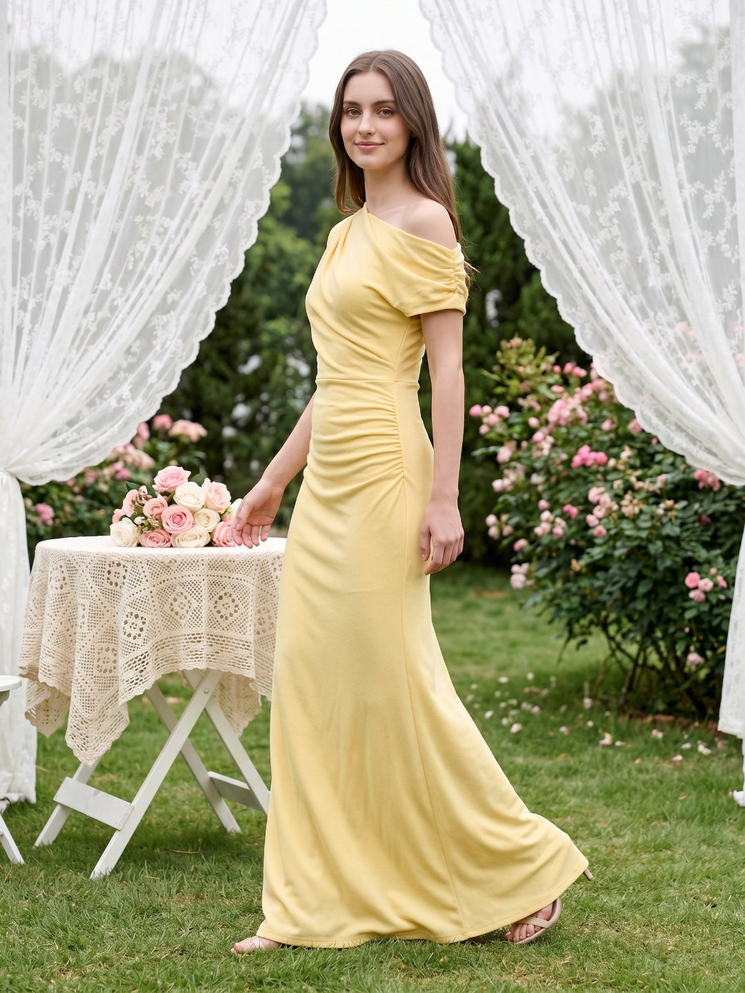 Daffodil Stretch Knit Column One Shoulder Floor-Length Bridesmaid Dress