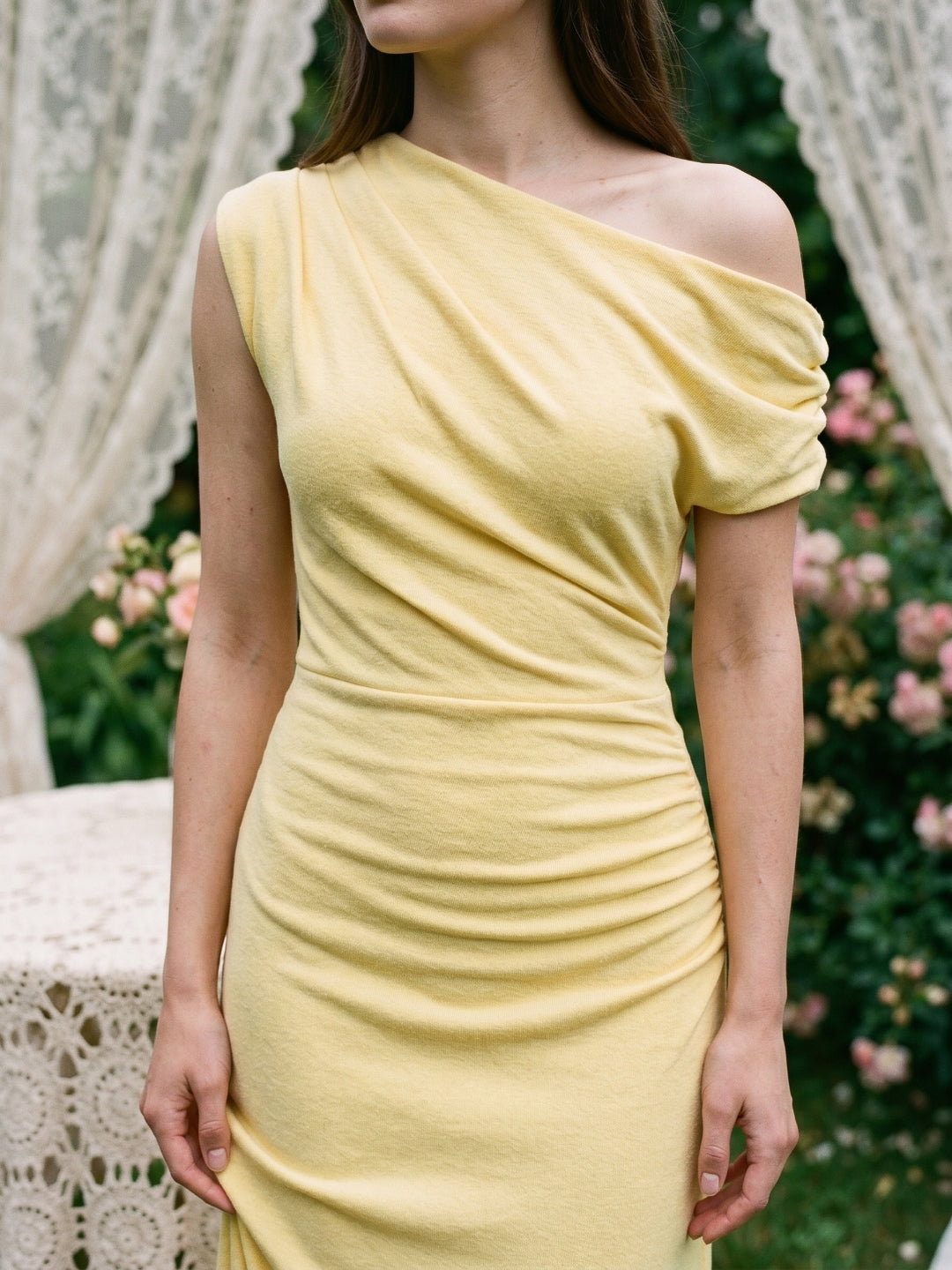 Daffodil Stretch Knit Column One Shoulder Floor-Length Bridesmaid Dress