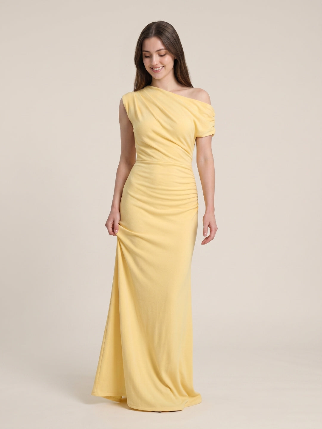 Daffodil Stretch Knit Column One Shoulder Floor-Length Bridesmaid Dress