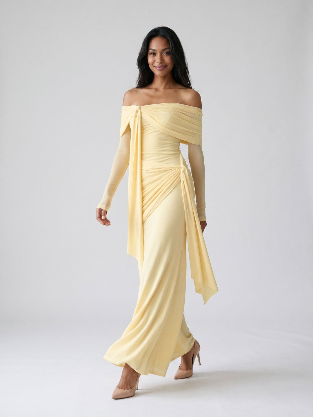 Daffodil Stretch Knit Sheath Off-the-Shoulder Floor-Length Birthday Dress