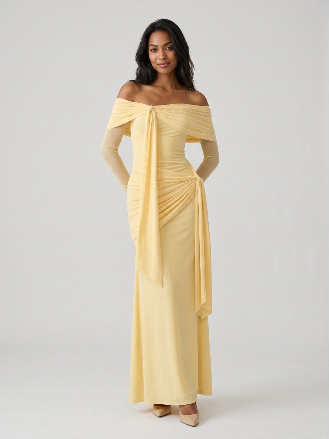 Daffodil Stretch Knit Sheath Off-the-Shoulder Floor-Length Birthday Dress