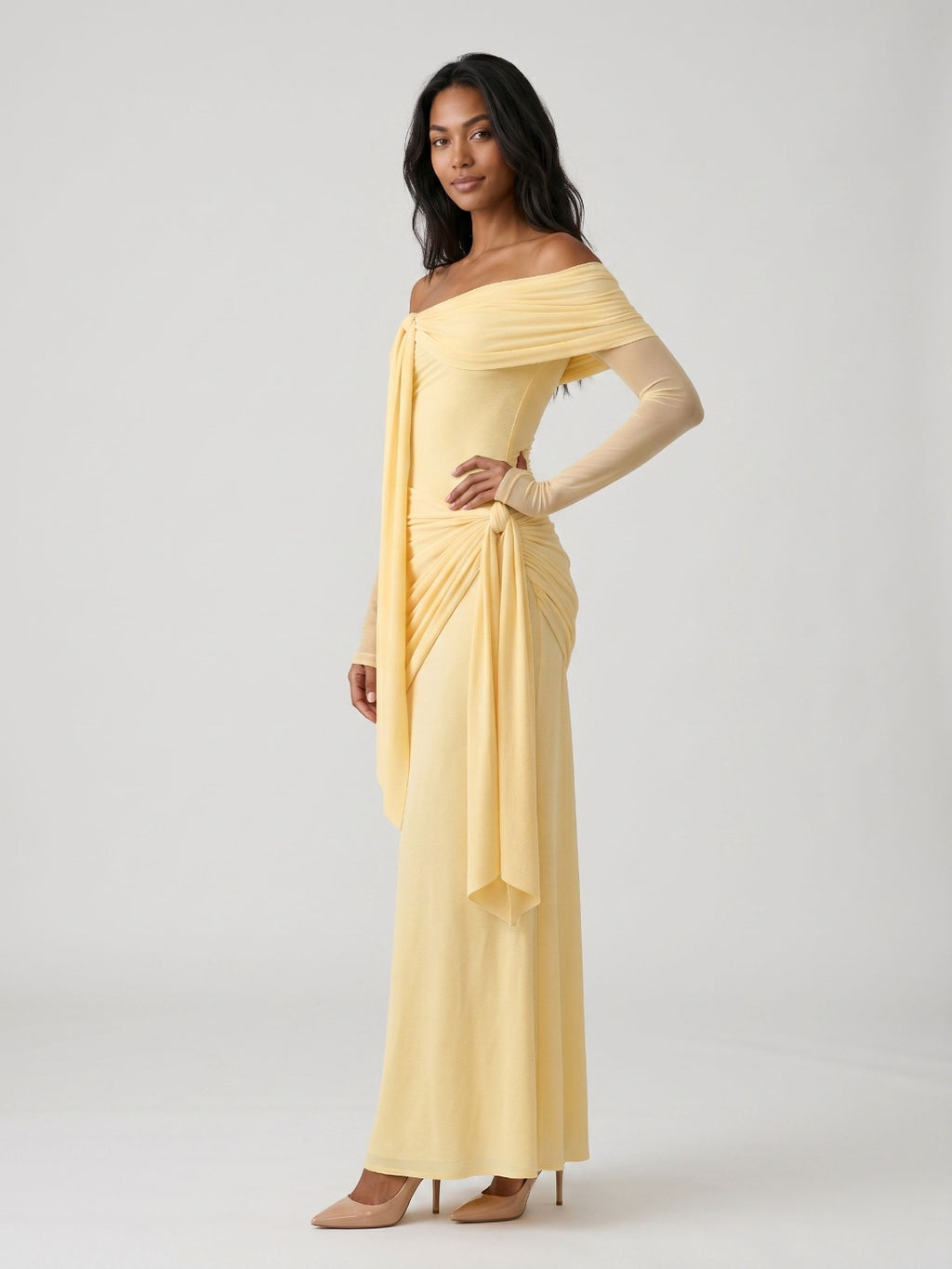 Daffodil Stretch Knit Sheath Off-the-Shoulder Floor-Length Birthday Dress