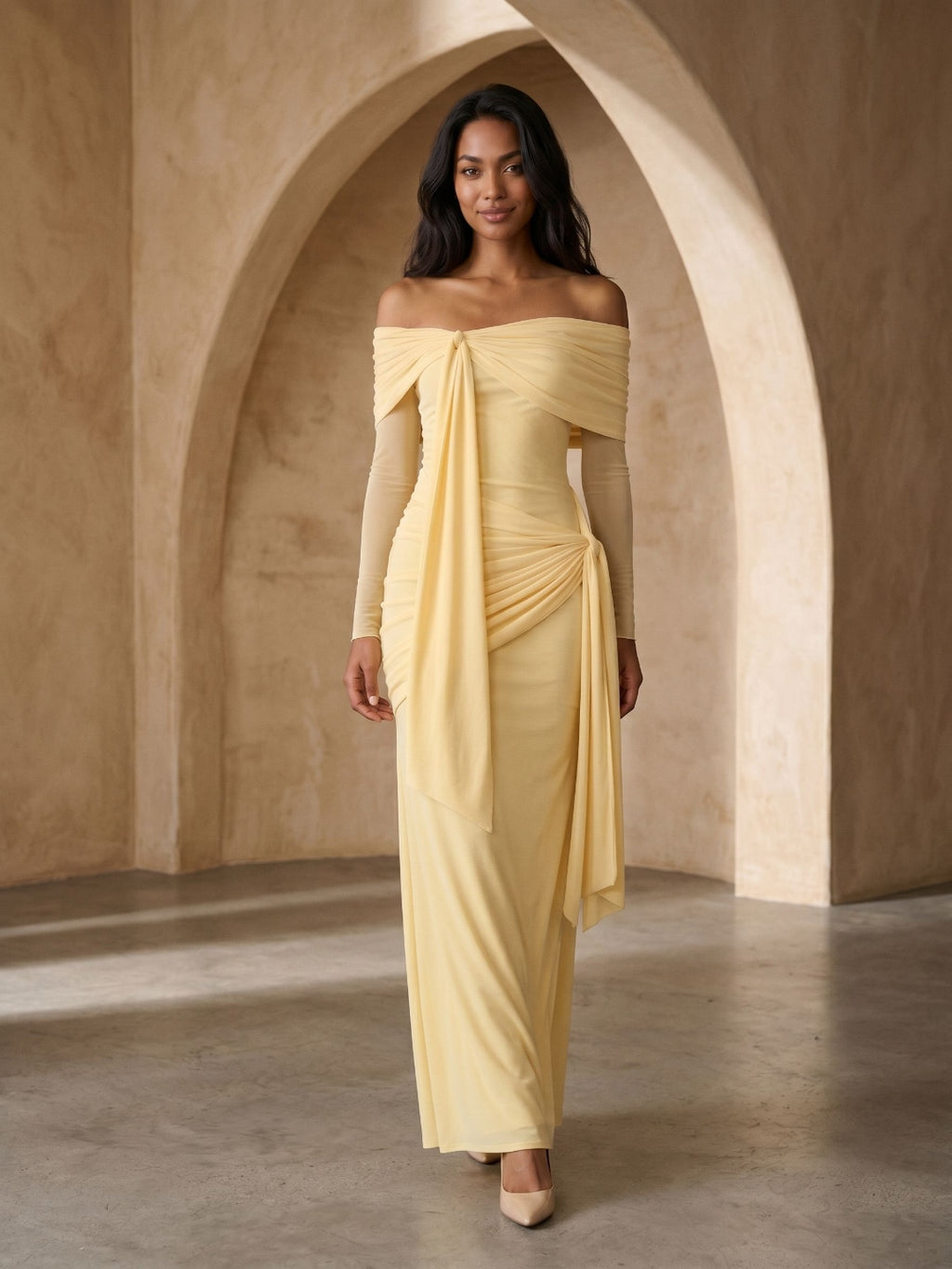 Daffodil Stretch Knit Sheath Off-the-Shoulder Floor-Length Birthday Dress