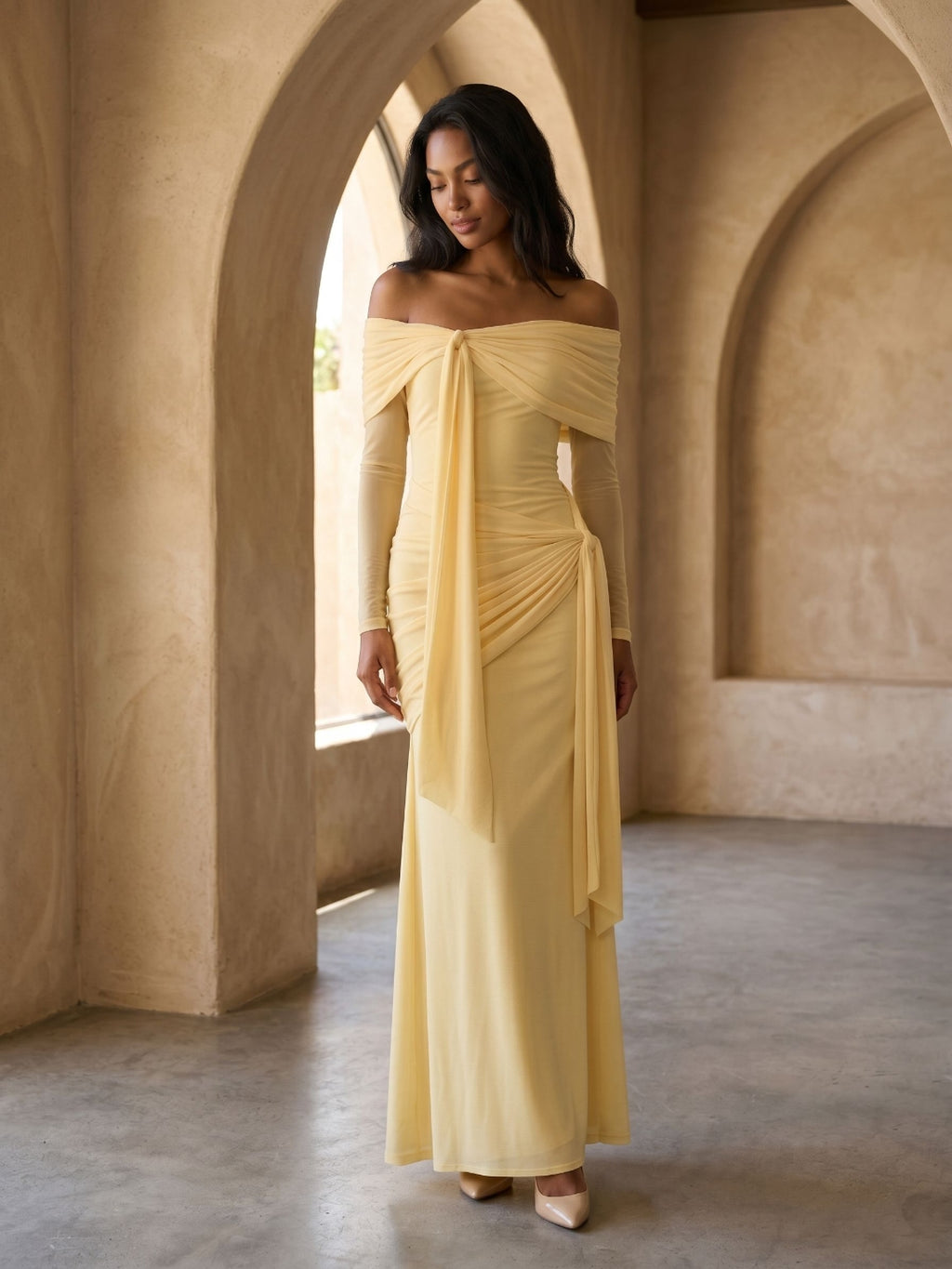 Daffodil Stretch Knit Sheath Off-the-Shoulder Floor-Length Birthday Dress