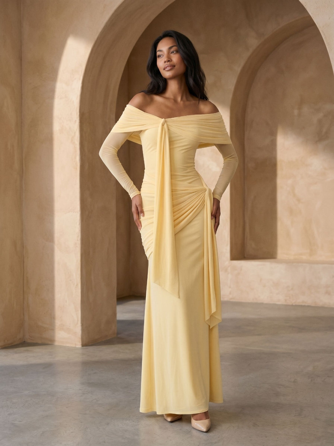 Daffodil Stretch Knit Sheath Off-the-Shoulder Floor-Length Birthday Dress