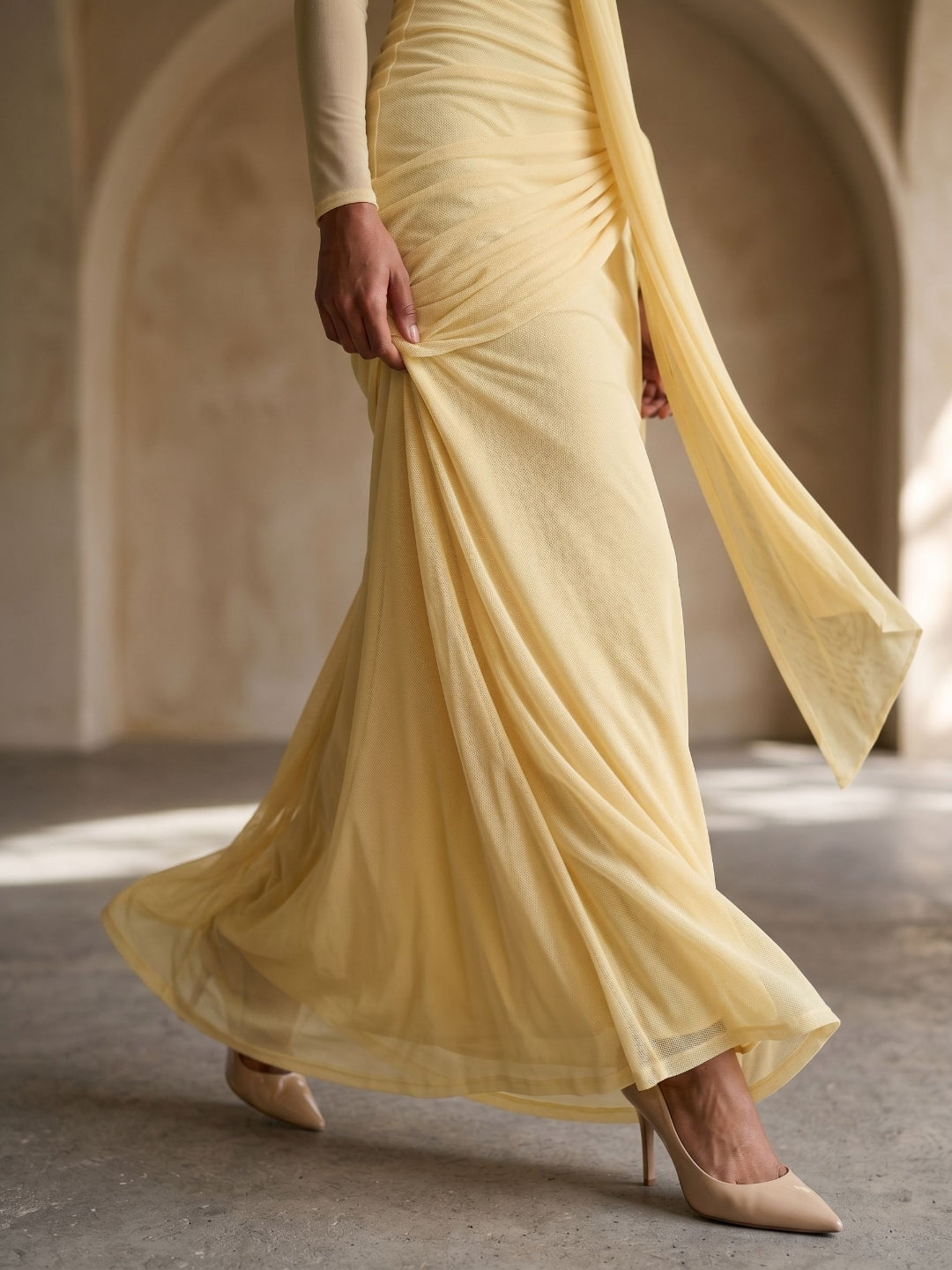 Daffodil Stretch Knit Sheath Off-the-Shoulder Floor-Length Birthday Dress