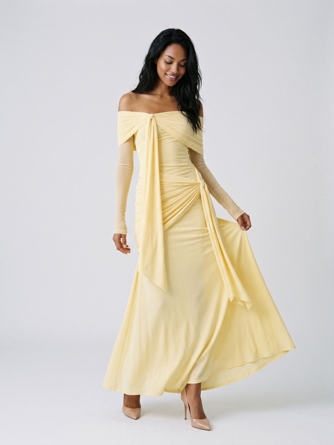 Daffodil Stretch Knit Sheath Off-the-Shoulder Floor-Length Birthday Dress