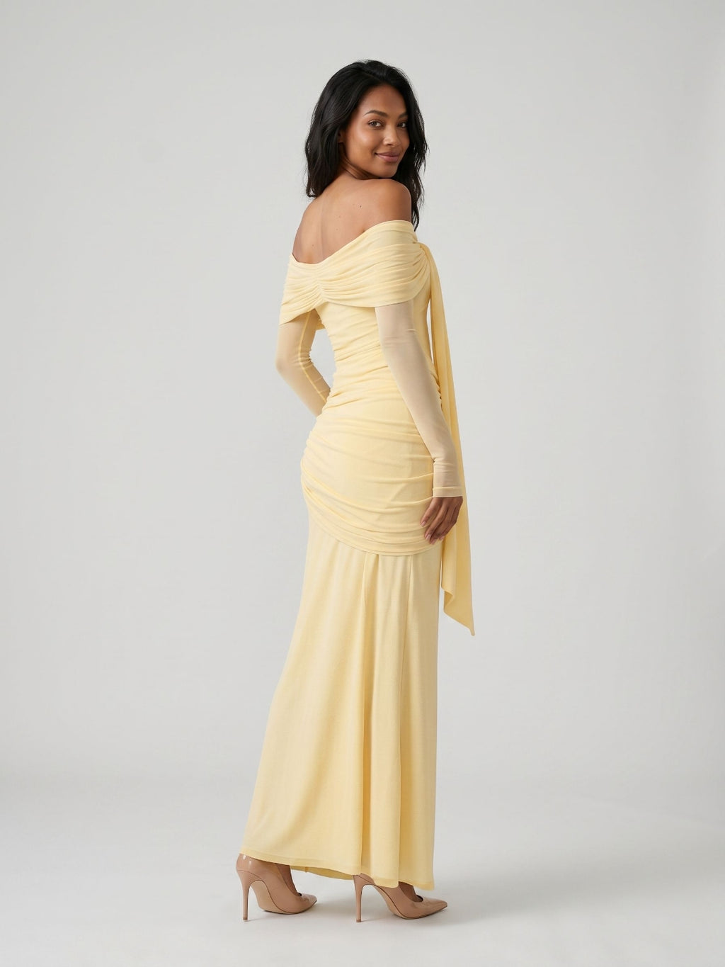 Daffodil Stretch Knit Sheath Off-the-Shoulder Floor-Length Birthday Dress