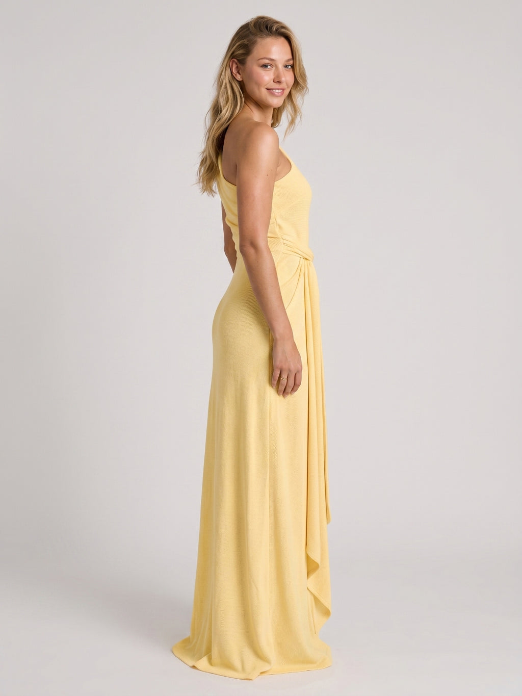 Daffodil Stretch Knit Sheath One Shoulder Floor-Length Bridesmaid Dress