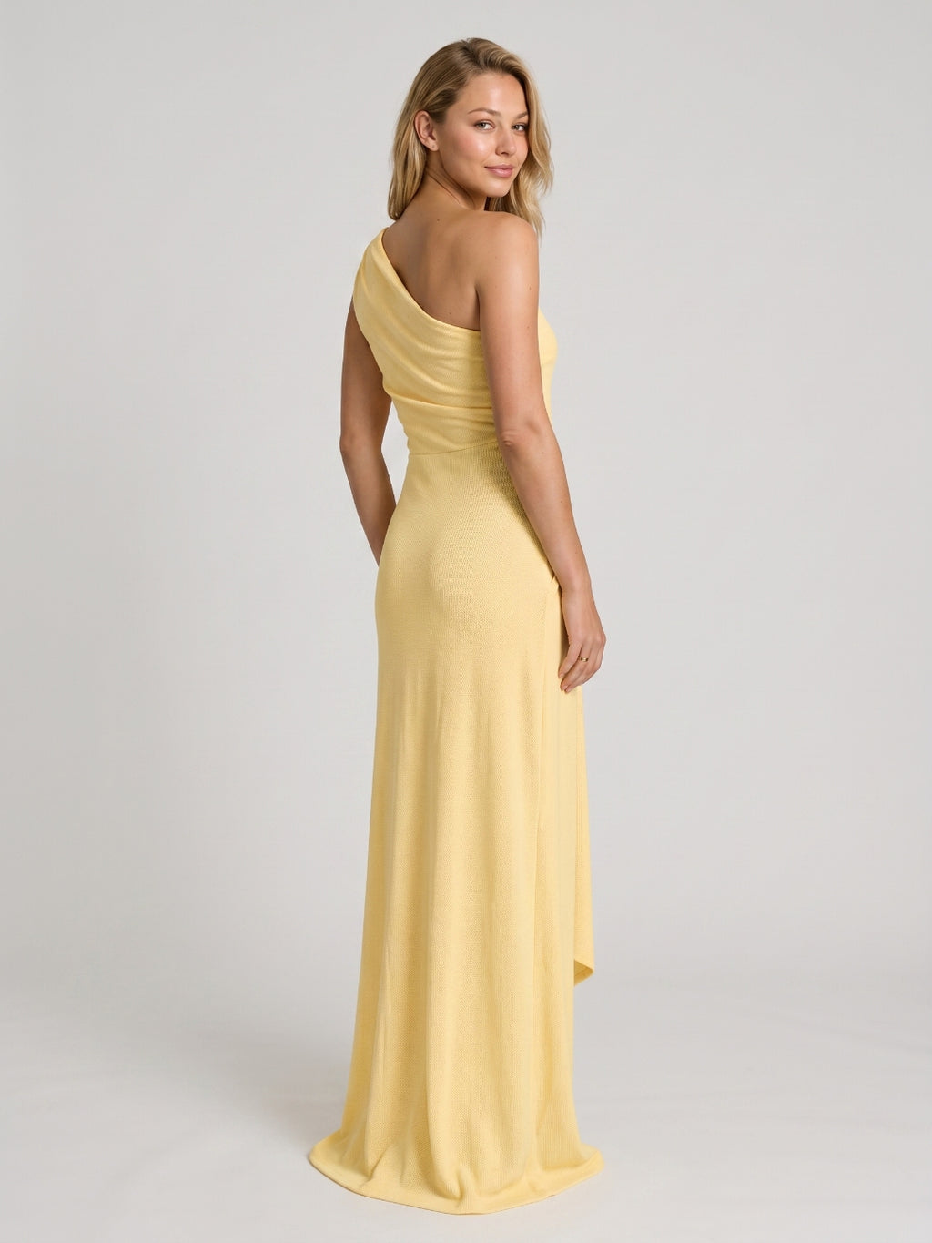 Daffodil Stretch Knit Sheath One Shoulder Floor-Length Bridesmaid Dress
