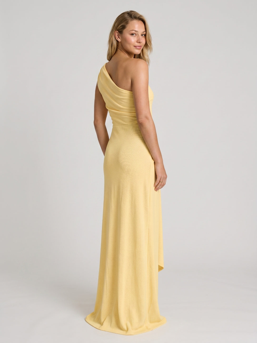Daffodil Stretch Knit Sheath One Shoulder Floor-Length Bridesmaid Dress
