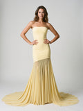 Daffodil Stretch Knit Sheath Straight Neck Floor-Length Birthday Dress with Pleating