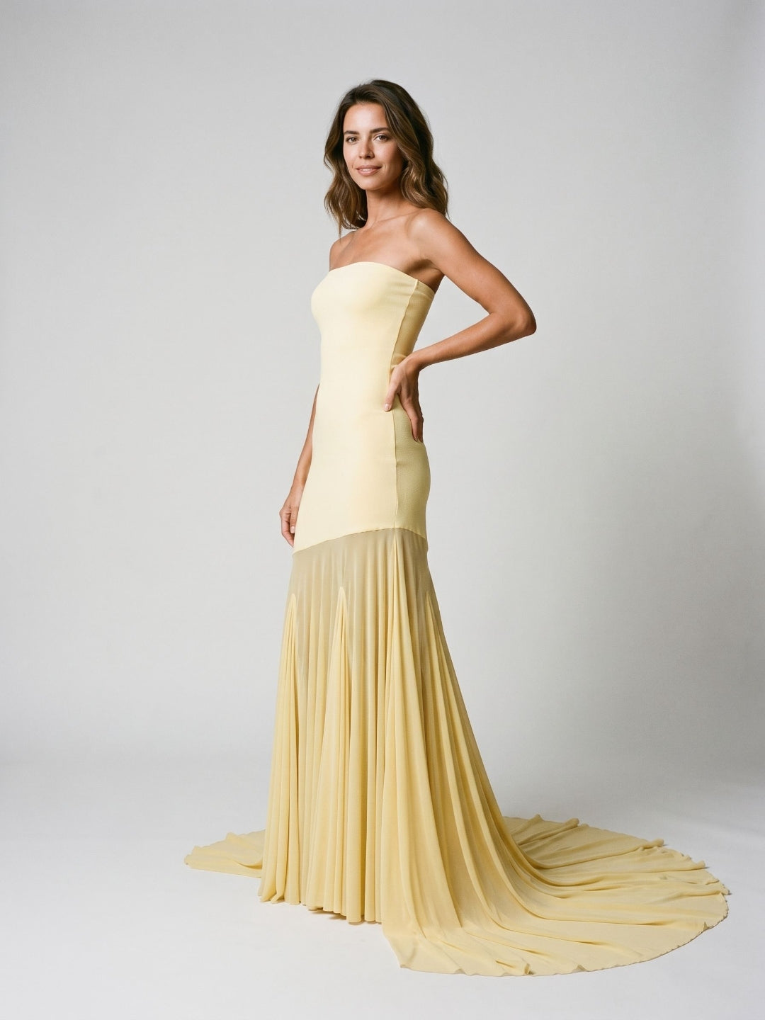 Daffodil Stretch Knit Sheath Straight Neck Floor-Length Birthday Dress with Pleating