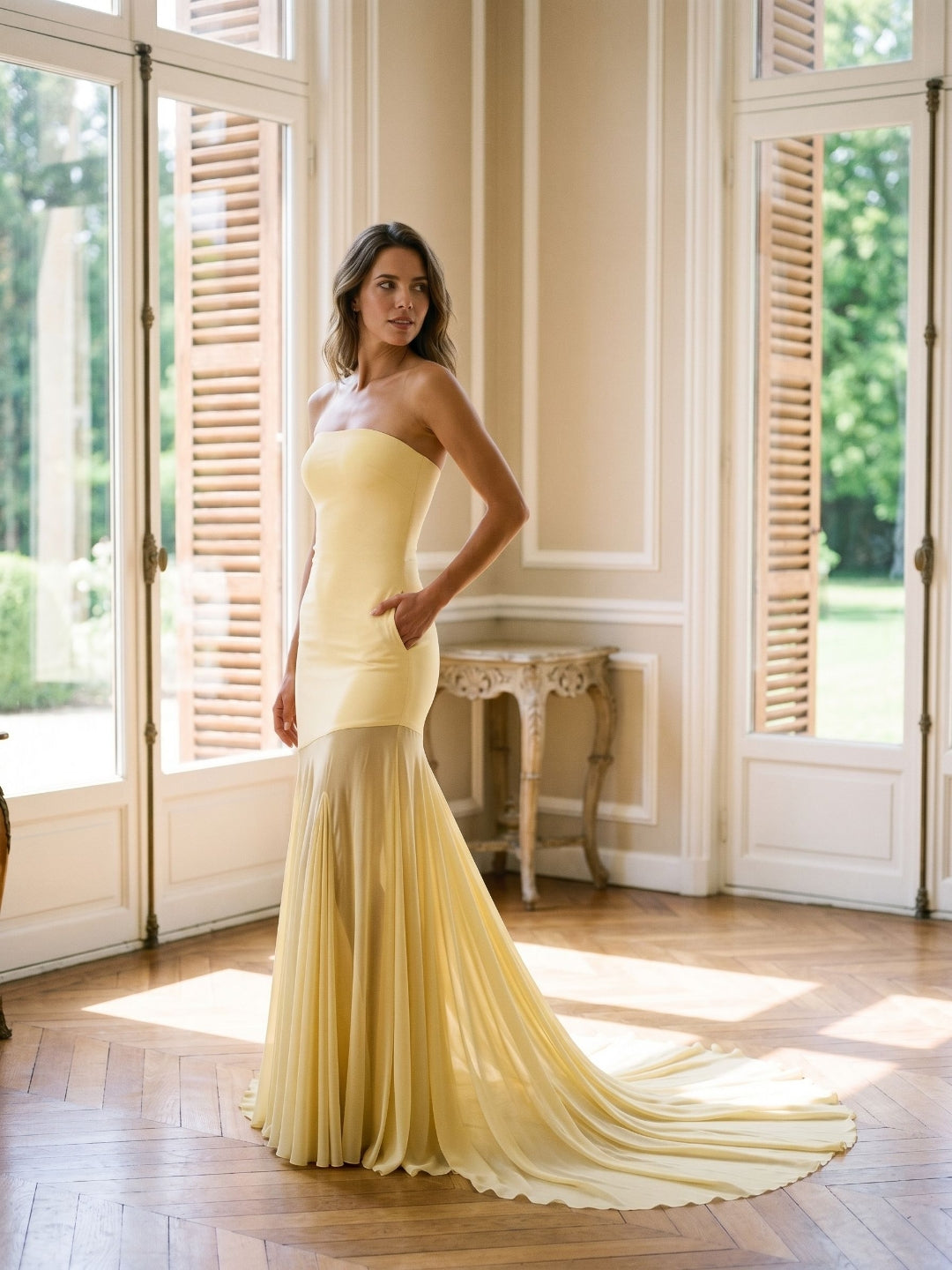 Daffodil Stretch Knit Sheath Straight Neck Floor-Length Birthday Dress with Pleating