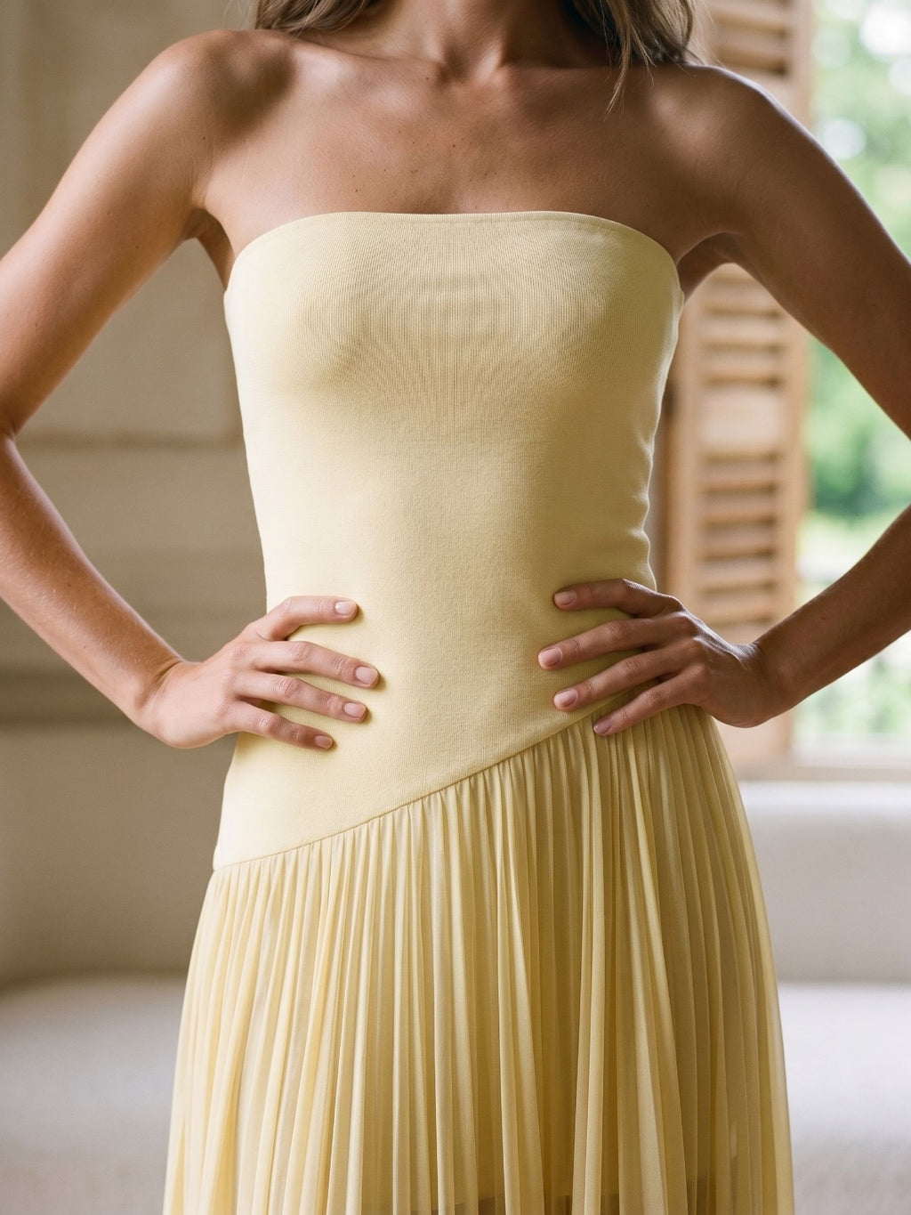 Daffodil Stretch Knit Sheath Straight Neck Floor-Length Birthday Dress with Pleating