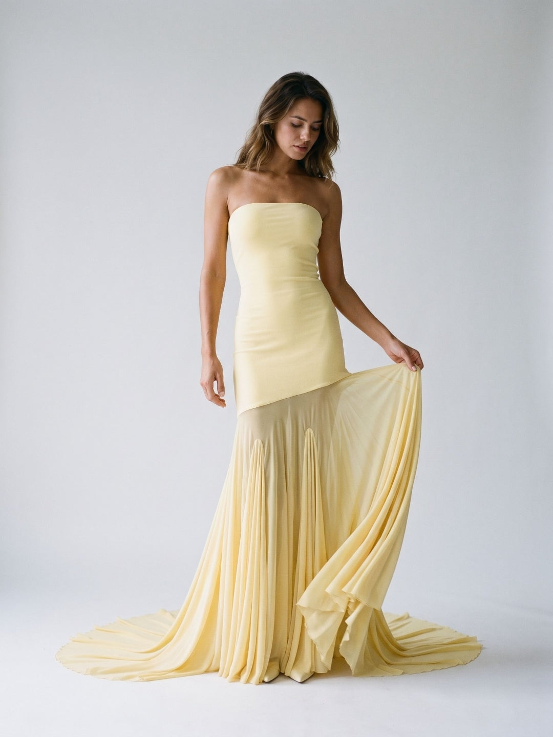Daffodil Stretch Knit Sheath Straight Neck Floor-Length Birthday Dress with Pleating