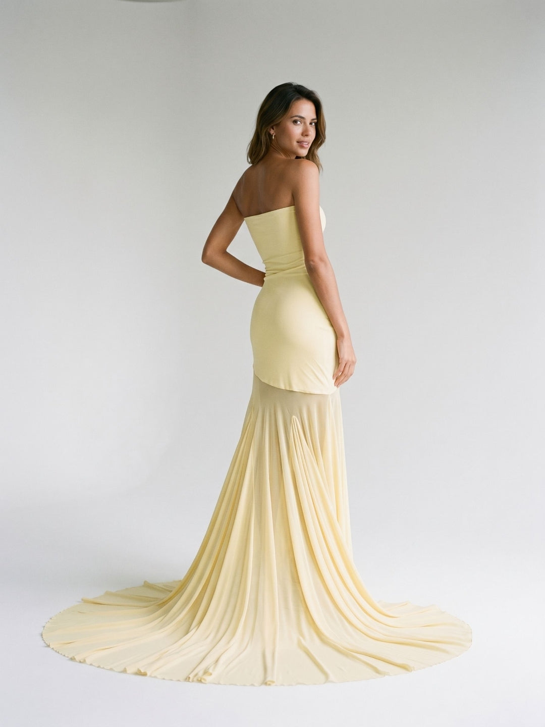 Daffodil Stretch Knit Sheath Straight Neck Floor-Length Birthday Dress with Pleating