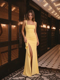 Daffodil Stretch Knit Trumpet Square Neck Back Zip Floor-Length Bridesmaid Dress with Ruffles