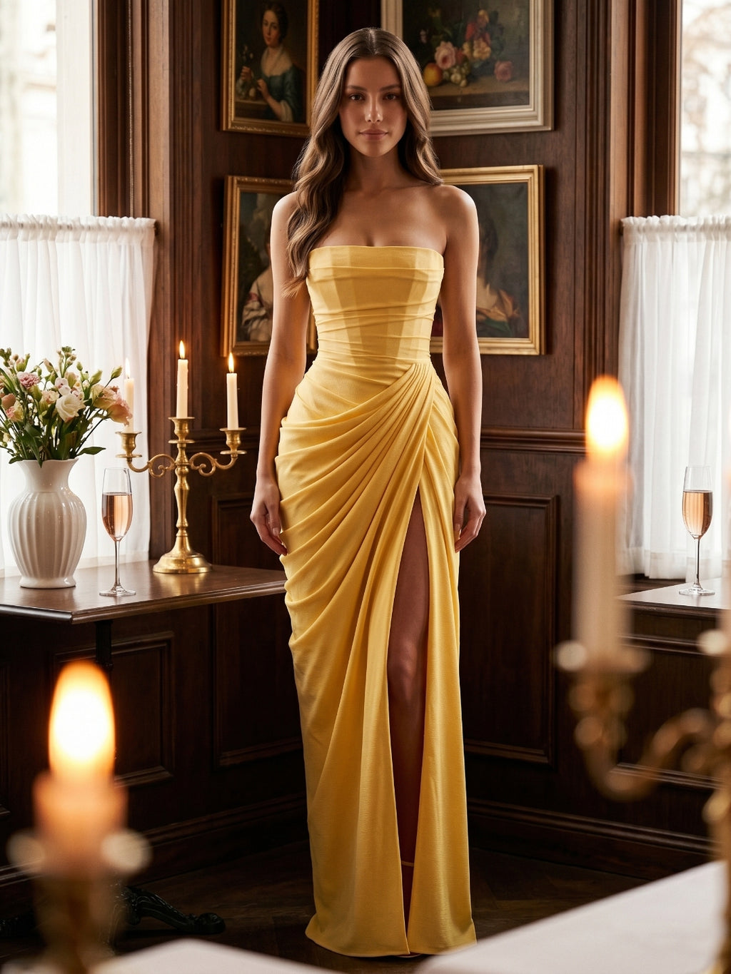 Daffodil Stretch knit A-Line Straight Neck Criss-Cross Bridesmaid Dress with Pleats